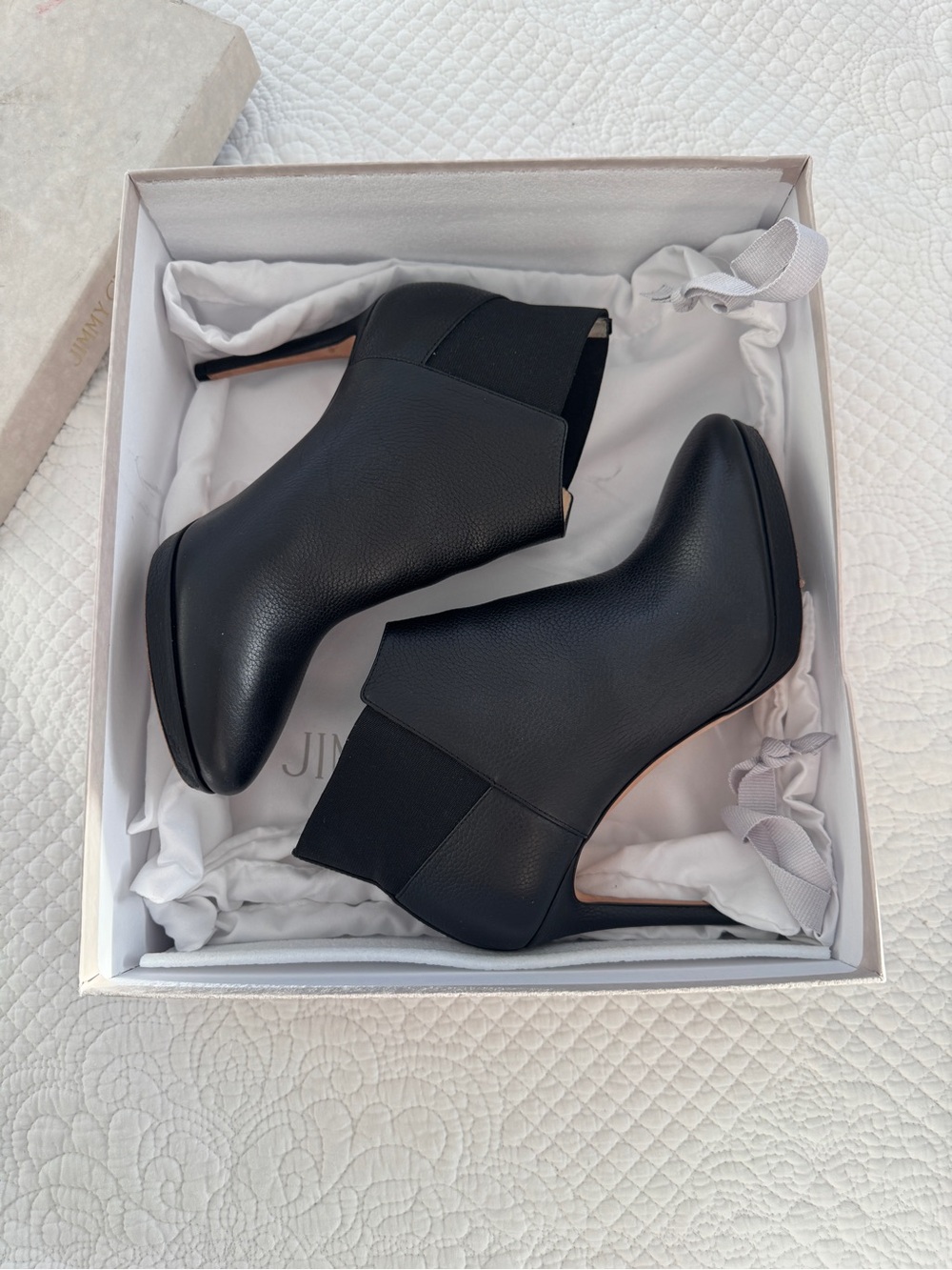 Jimmy Choo Black Leather Ankle Booties with Stiletto Heel and Elastic Side Panel